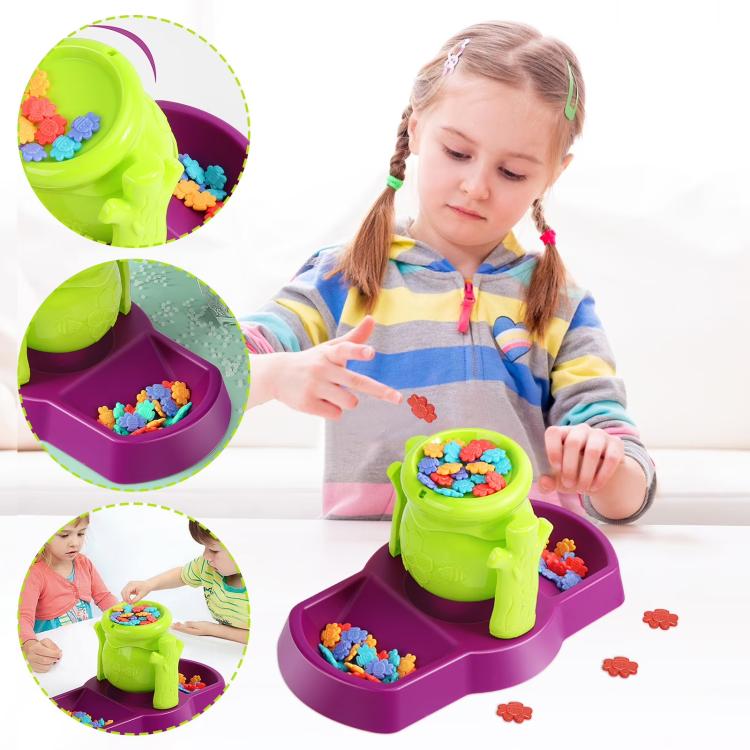 Bee balance sensory toy on purple base with green honey pot, colorful bee pieces scattered