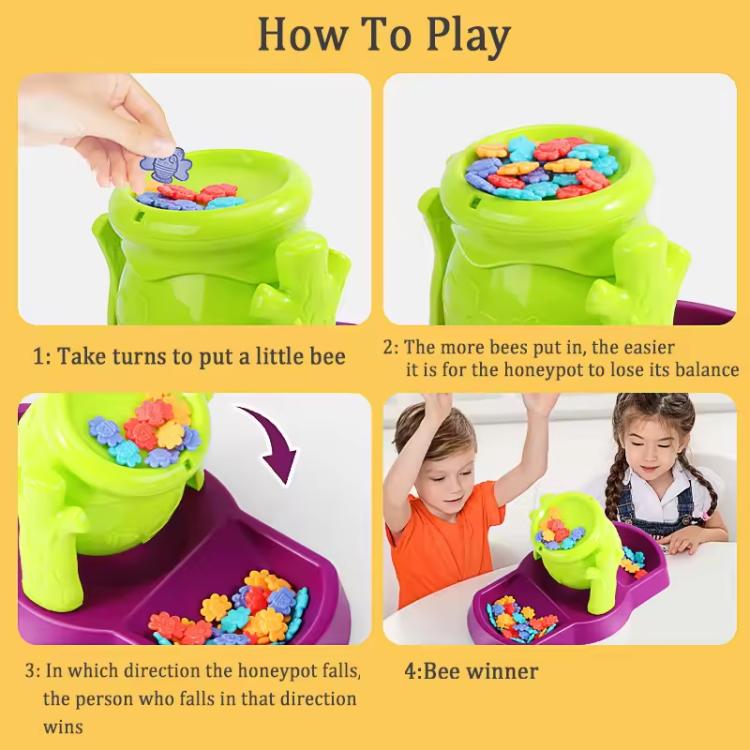 Instruction card showing the bee balance sensory toy gameplay with green honey pot