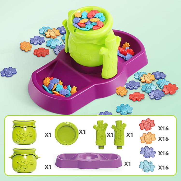 Bee balance sensory toy with green honey pot, purple base, and included bee pieces