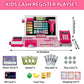 Pink cash register playset with keypad screen and handheld scanner