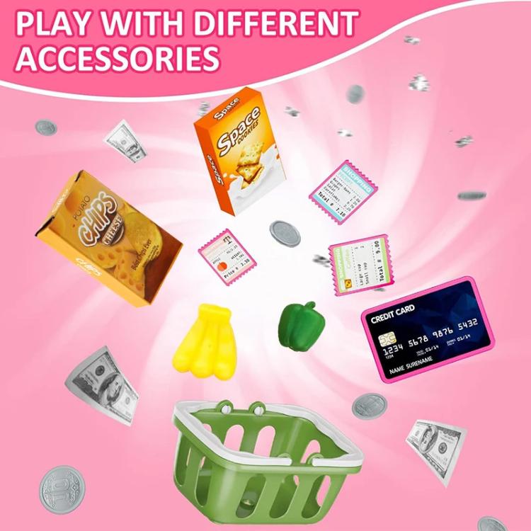 Pink kids cash register playset with food accessories and plastic shopping basket