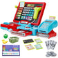 Red and blue kids cash register playset with keypad and included accessories