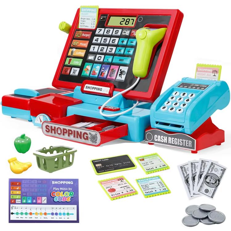 Red and blue kids cash register playset with keypad and included accessories