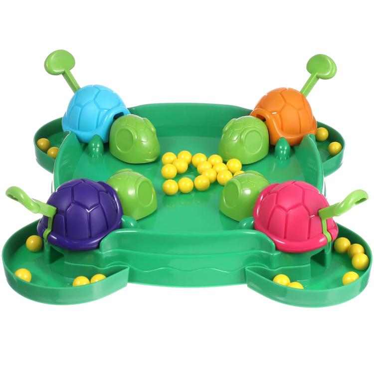 Turtle bean-eating game tray with six colorful turtle shells and yellow beads