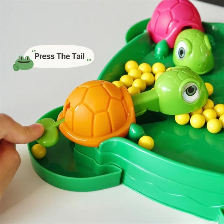 Turtle bean-eating game tray with pink and green turtle faces and yellow beads