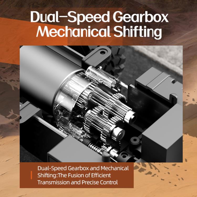 RC truck dual-speed gearbox and mechanical shifting assembly close-up.