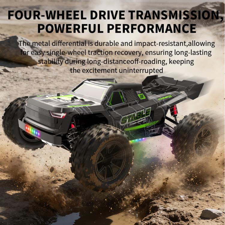 Black off-road RC monster truck with rear LEDs, four-wheel drive suspension, and chunky tires