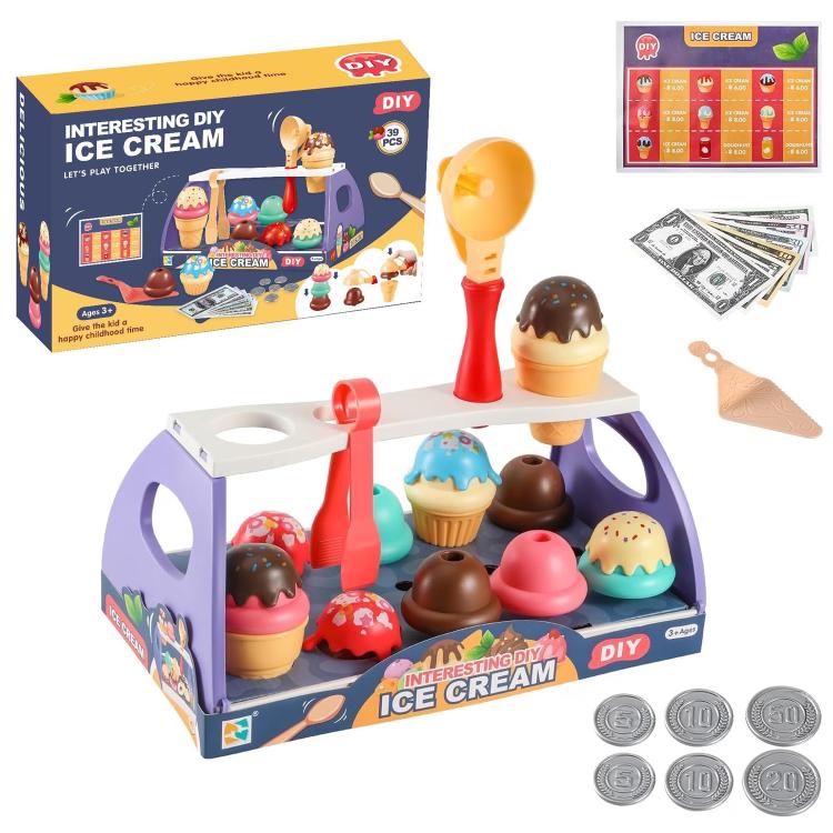 DIY ice cream pretend-play set with purple tray, scoops, cones, and fake coins