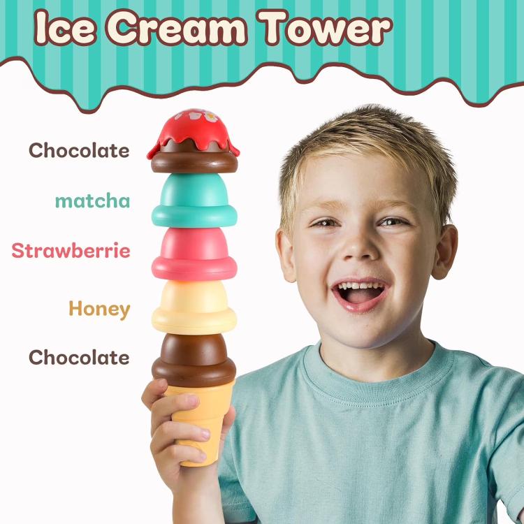 Stacking ice cream tower toy with chocolate, matcha, strawberry, and honey scoops