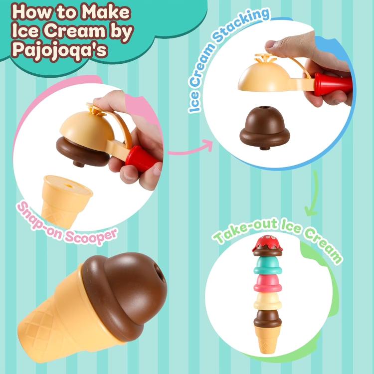 DIY ice cream-making steps showing scooper, stacking ice cream, and take-out play