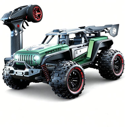 Green 1:14 remote control off-road Jeep-style SUV with rugged tires and open grille.