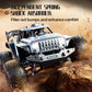 Silver 1:14 remote control off-road Jeep-style SUV climbing over rocks with dust spray.