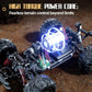 1:14 off-road remote control car with visible suspension and glowing motor on rough ground.