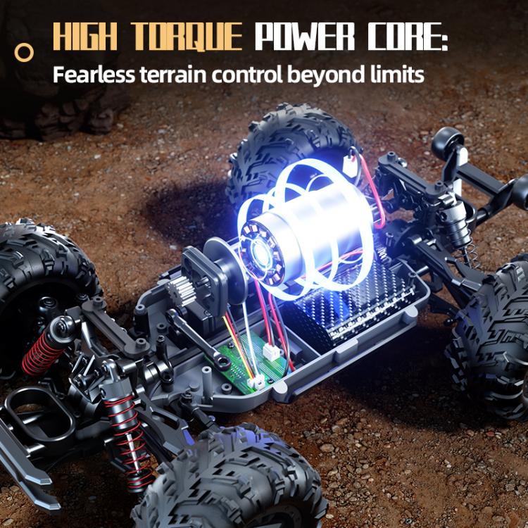 1:14 off-road remote control car with visible suspension and glowing motor on rough ground.