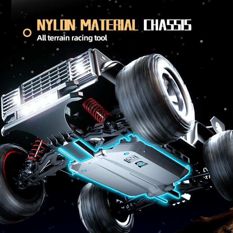 1:14 remote control off-road car with blue-lit chassis and large wheels on dark terrain.