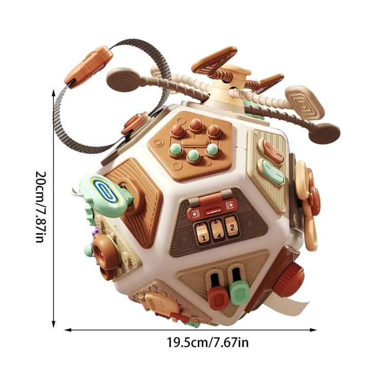 Busy board cube toy with colorful buttons, rollers, and corded attachments