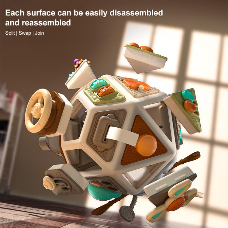 Multi-sided busy board cube toy with flip-open panels and interactive controls