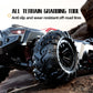 Red remote control off-road truck close-up of all-terrain tires and bumper