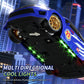 Underside view of blue RC drift rally car with neon green LED lights