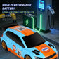 Orange and blue remote control drift rally car with decals, four-wheel drive.