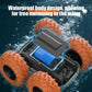 Orange-tire RC amphibious car shown from above with waterproof body shell in water.