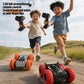 Two remote control off-road cars in orange and black, with handheld controllers