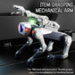 Robot dog with mechanical gripping arm, white and dark blue, blue/red LED display