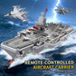 Remote-controlled aircraft carrier toy with multiple jet planes and water splash effect.