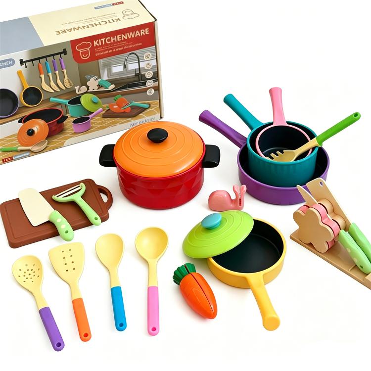 Children's pretend kitchen cookware set with plastic pot, pans, and utensils