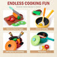 Children's cooking play cookware set with board, skillet, and veggie pieces