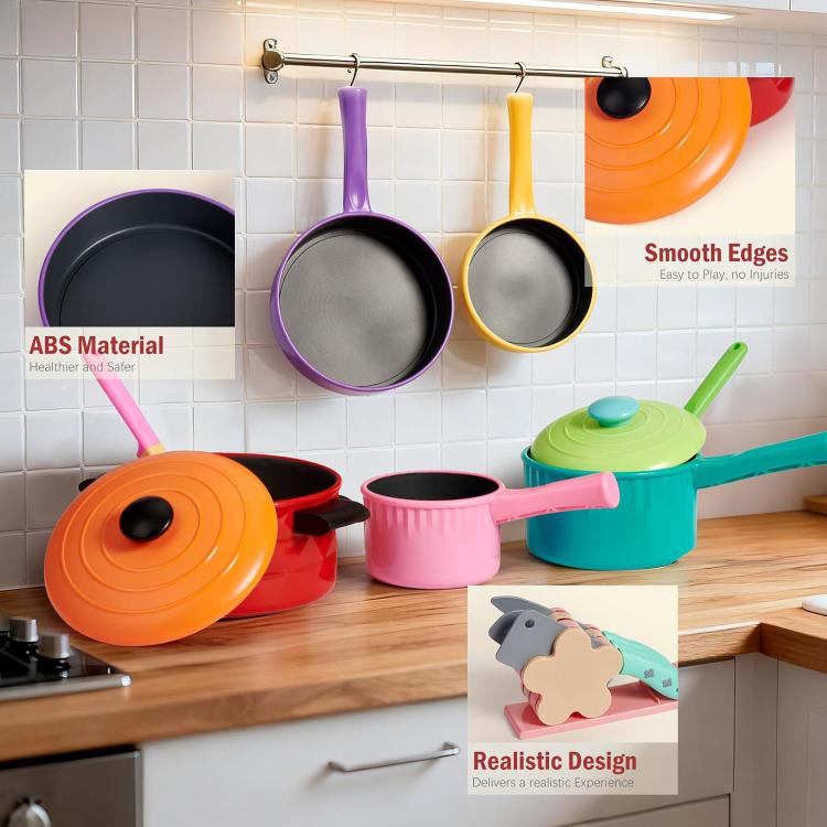 Colored pretend cookware set with fry pans, lidded pot, and smooth-edged pieces