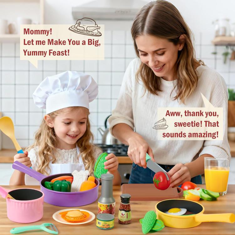 Pretend kitchen cookware set with child playing using colored pots and utensils