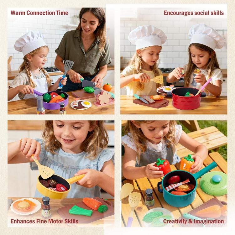 Children's pretend cooking cookware set with kids using pots, pans, and spatulas