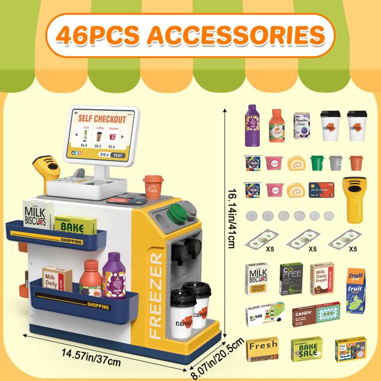 Kids supermarket cash register set with 46 accessories shown on package layout