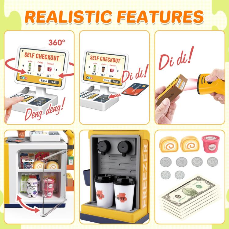 Pretend self-checkout cash register toy with realistic features and accessory compartments
