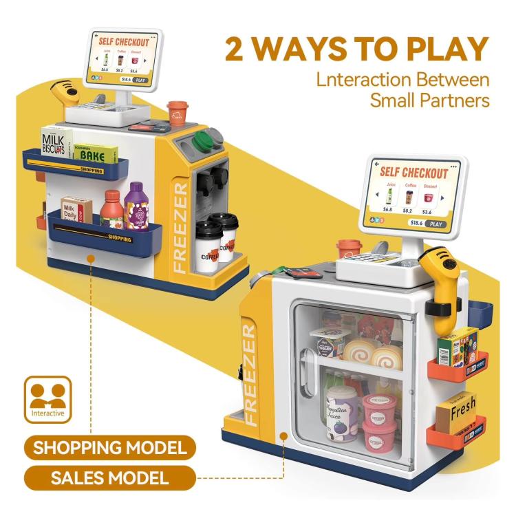 Yellow and blue children cash register toy with open display and included accessories