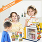 Kids using yellow supermarket cash register toy with self-checkout screen and play items