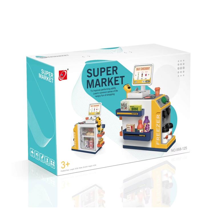 Super market toy cash register set box with yellow self-checkout register pictured