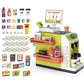 Yellow children’s self-checkout cash register toy with shopping shelves and pretend foods