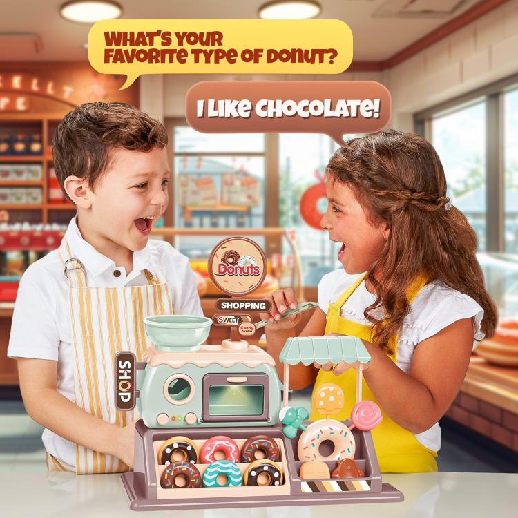 Electric donut shop playset with display tray and toy donuts, with children playing