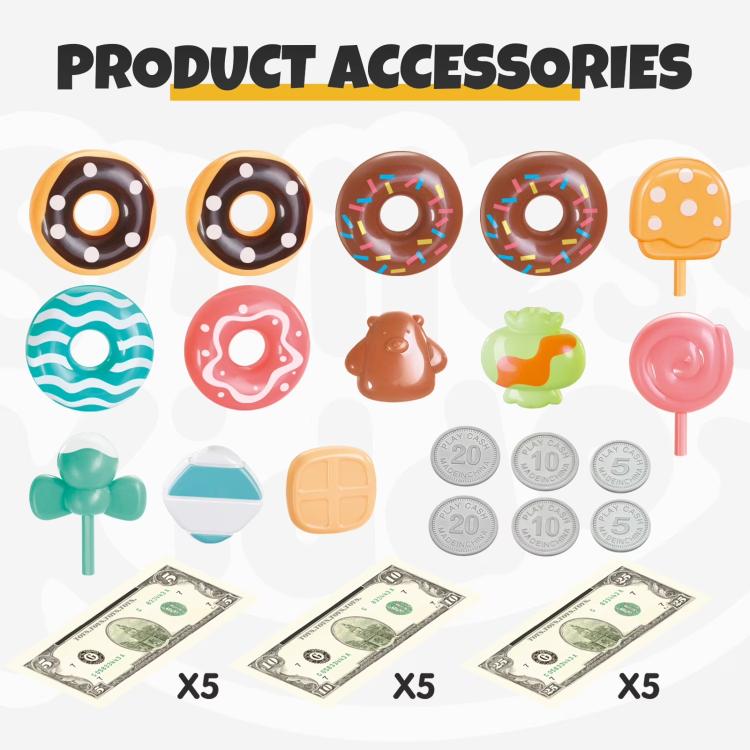 Donut shop playset accessory set with assorted donut toys and play coins