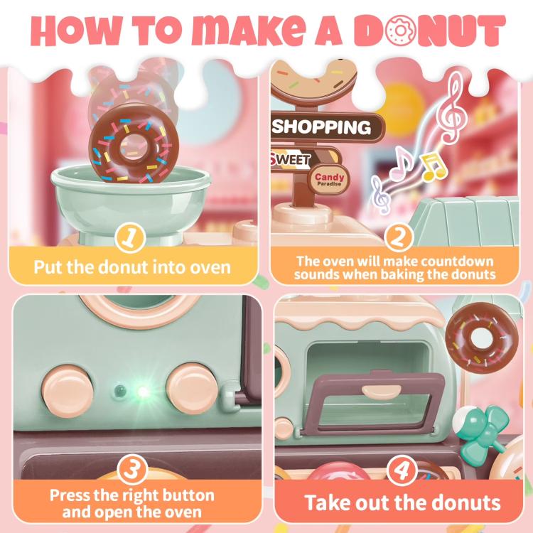 Donut shop playset control panel with buttons and hinged oven door