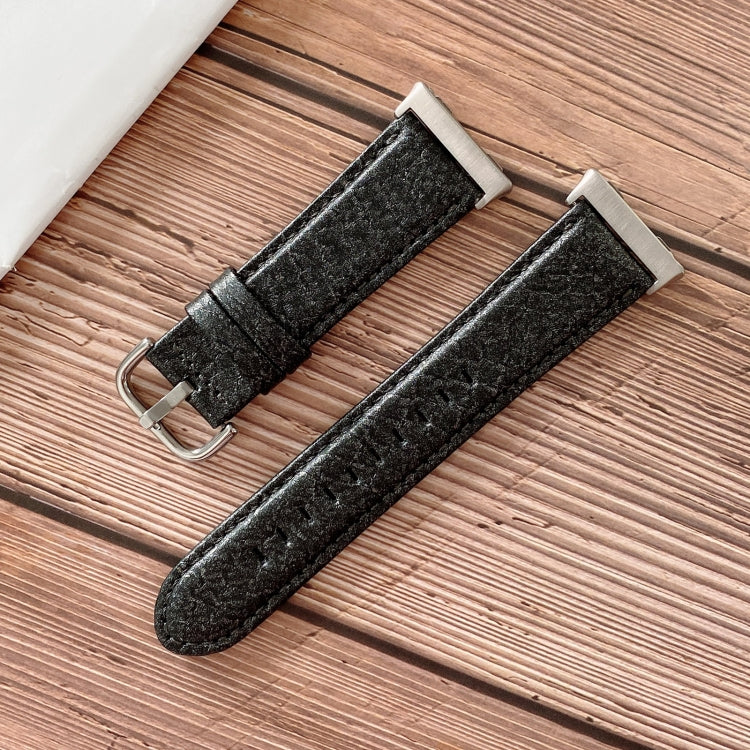Black shell-texture watchband with metal buckle and stitched strap
