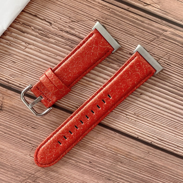 Red shell-texture watchband with metal buckle and stitched perforation