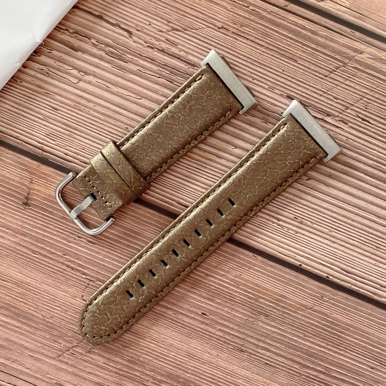 Brown shell-texture watchband with metal buckle and stitched perforation