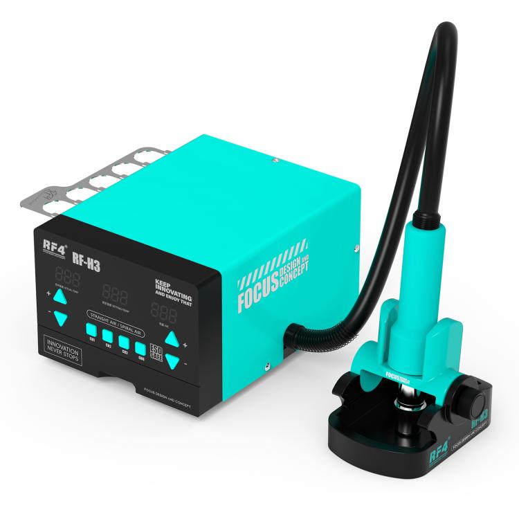 Teal hot air rework station with display controls, curved hose, and black nozzle base