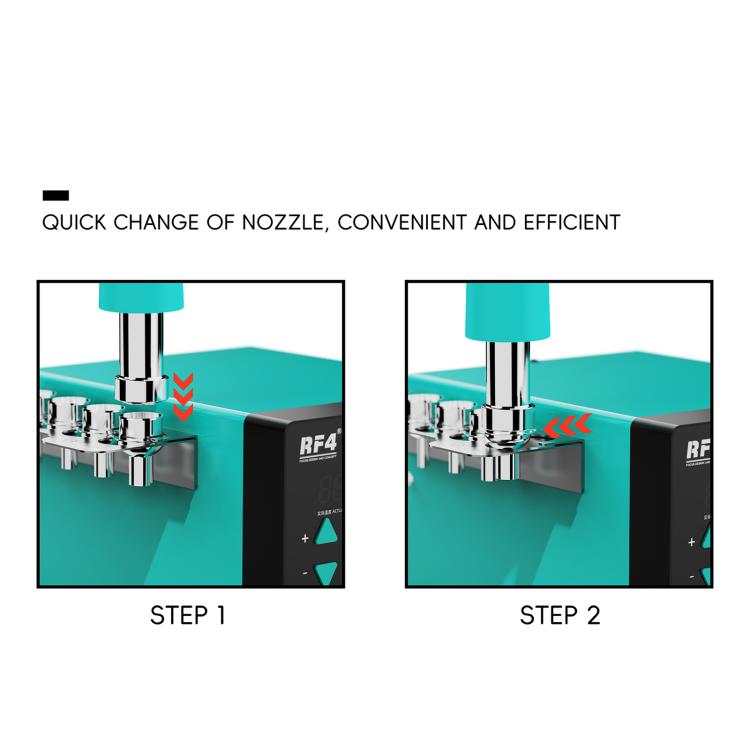 Interchangeable hot air nozzles shown in quick-change replacement steps