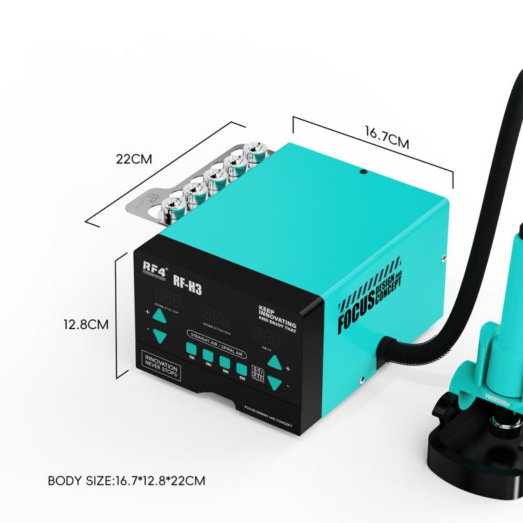 Teal and black hot air rework station with digital display and ventilation ports