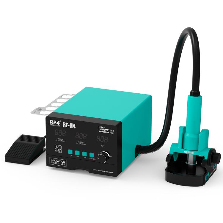 Hot air rework station with teal body, digital controls, and cold air pedal stand