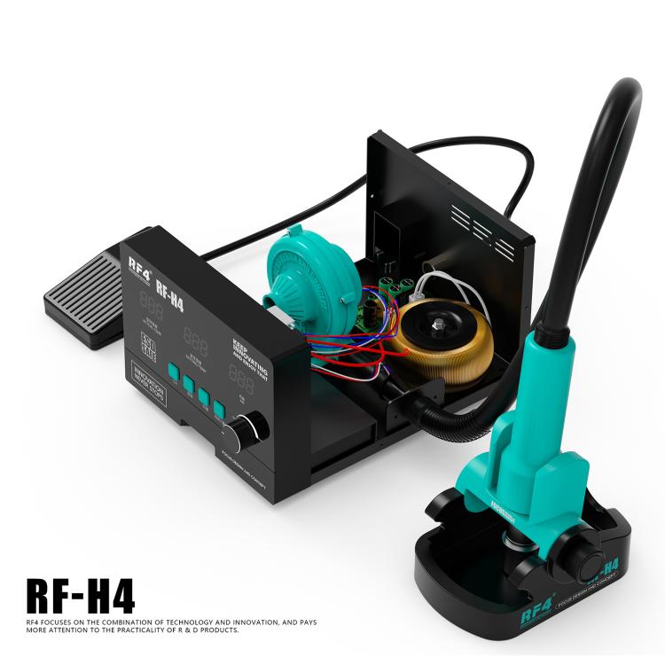 Hot air rework station with open interior showing fan and wiring near nozzle holder